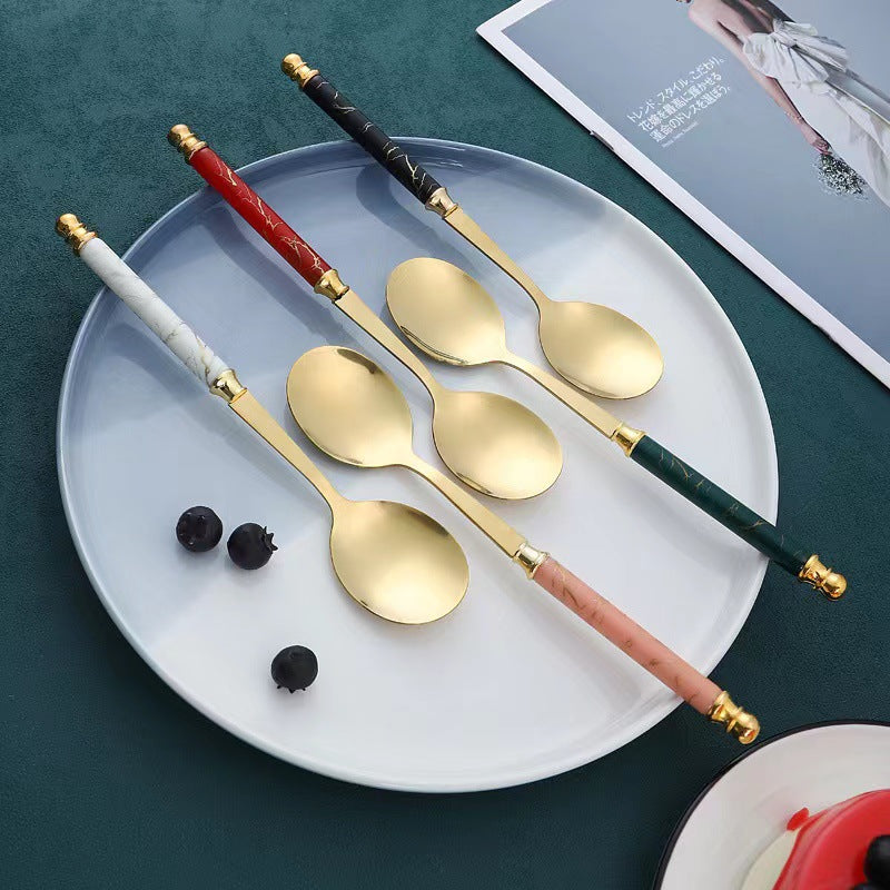 2Pcs Imitation Ceramic Handle Spoon Stainless Steel Soup Dessert Spoon (BPA Free, No FDA Certificate)