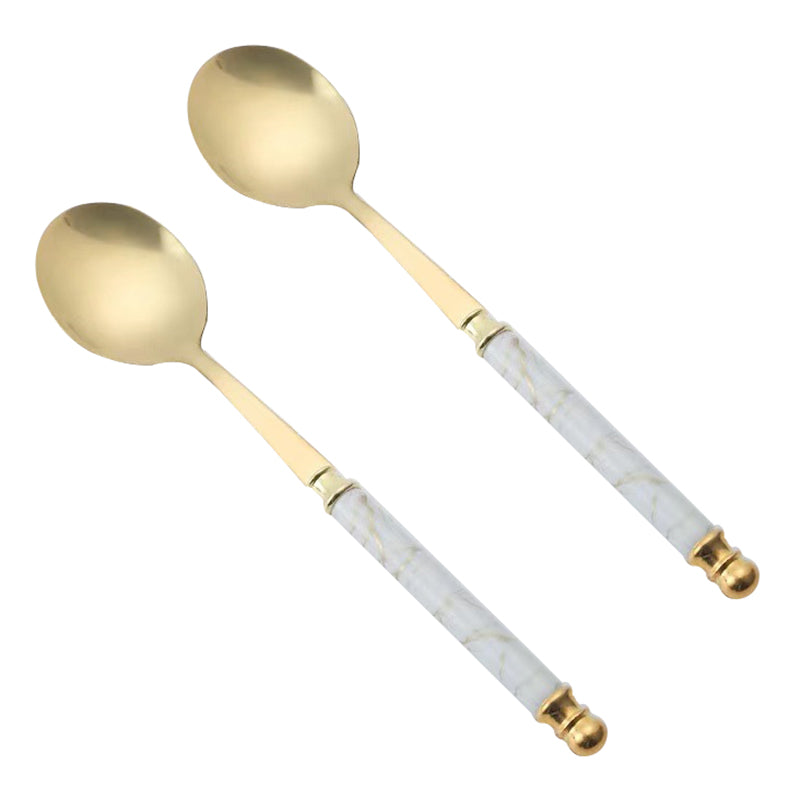 2Pcs Imitation Ceramic Handle Spoon Stainless Steel Soup Dessert Spoon (BPA Free, No FDA Certificate)