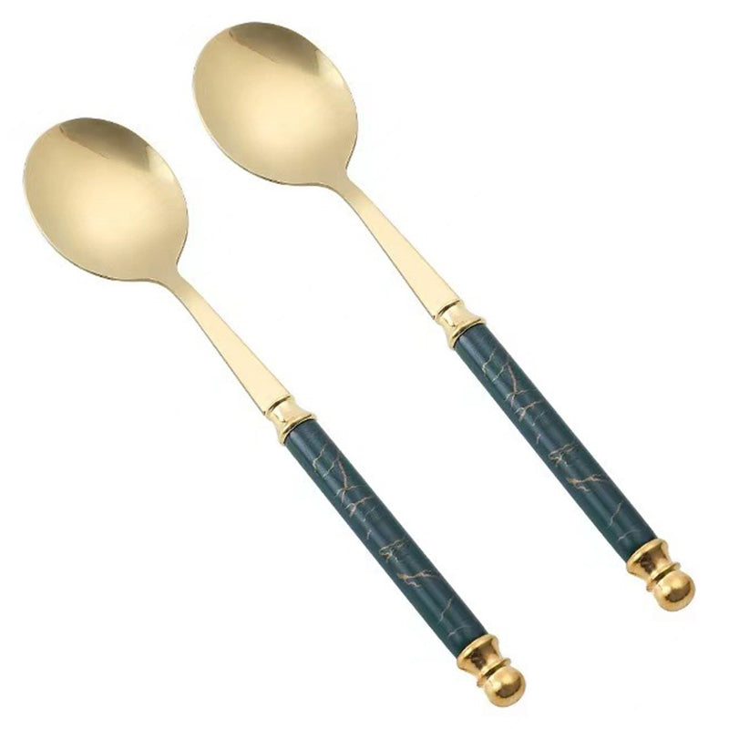 2Pcs Imitation Ceramic Handle Spoon Stainless Steel Soup Dessert Spoon (BPA Free, No FDA Certificate)