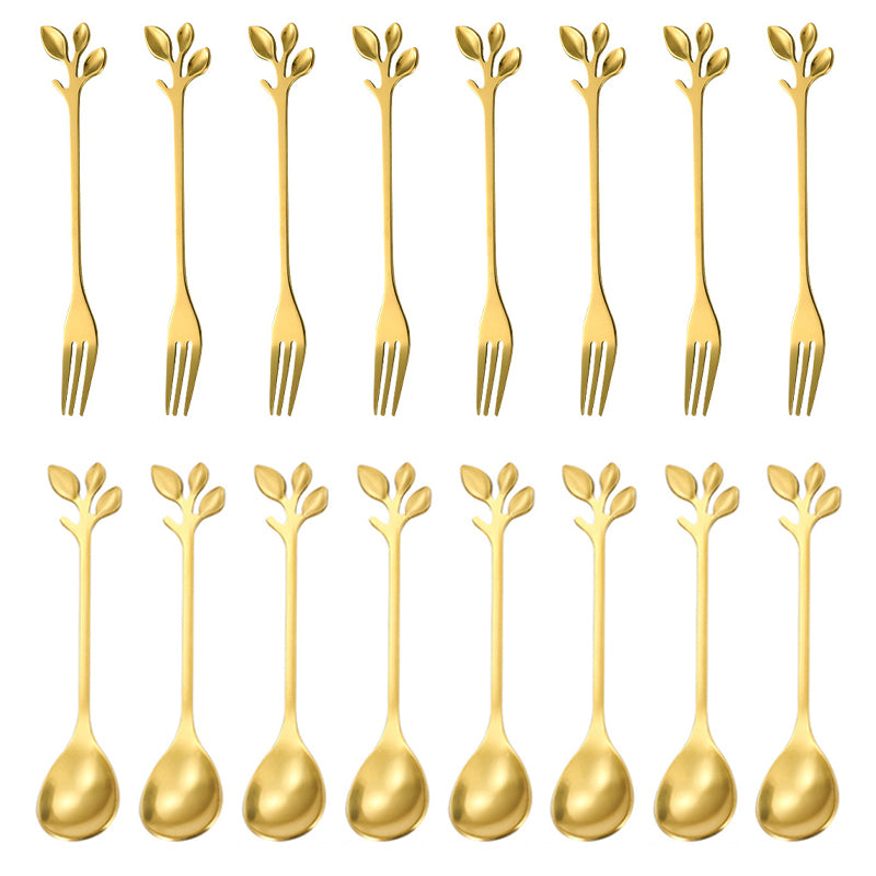 8 Spoons + 8 Forks Cute Leaf Design Stainless Steel Fruit Dessert Spoon Fork Set (BPA Free, No FDA Certificate) - Gold