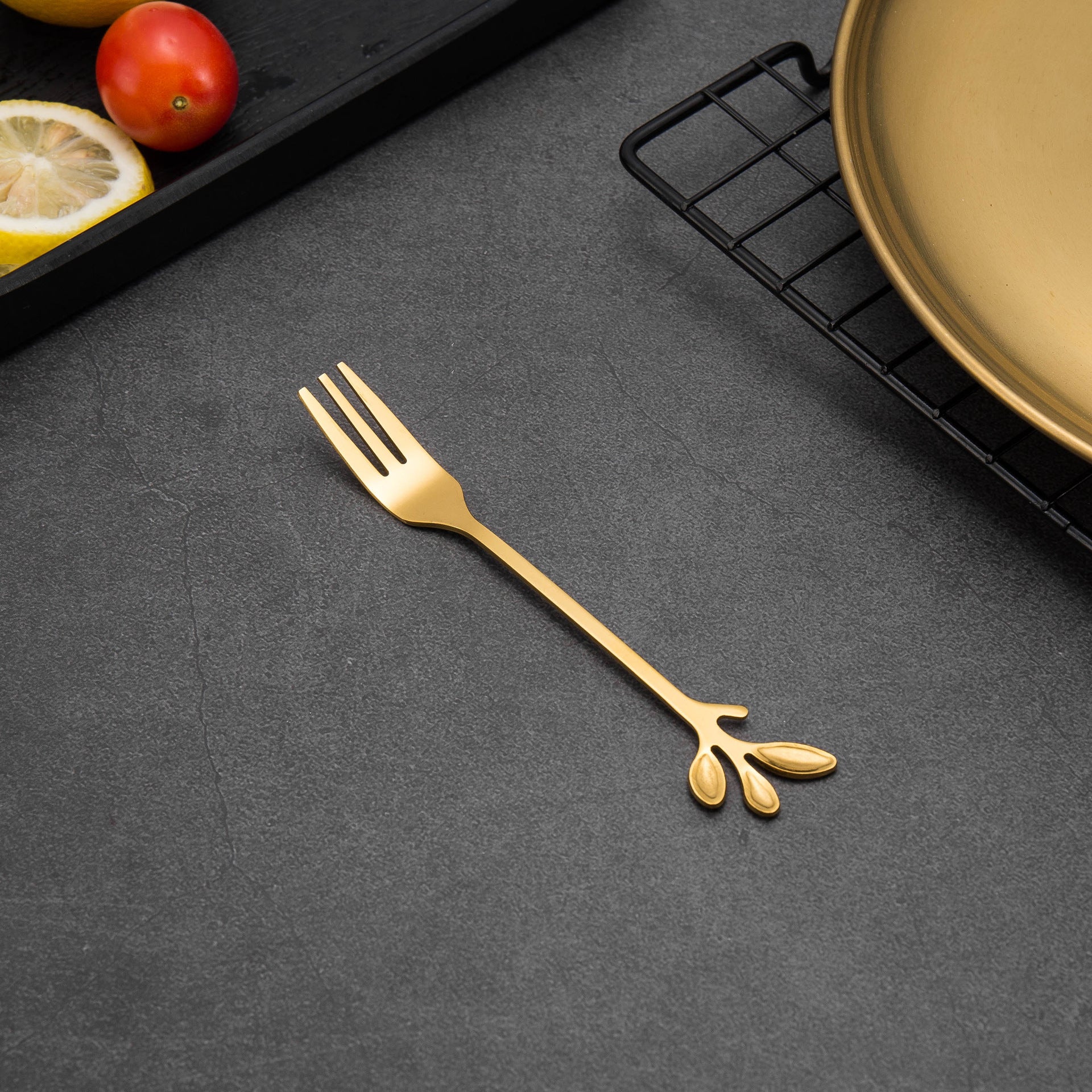 8 Spoons + 8 Forks Cute Leaf Design Stainless Steel Fruit Dessert Spoon Fork Set (BPA Free, No FDA Certificate) - Gold