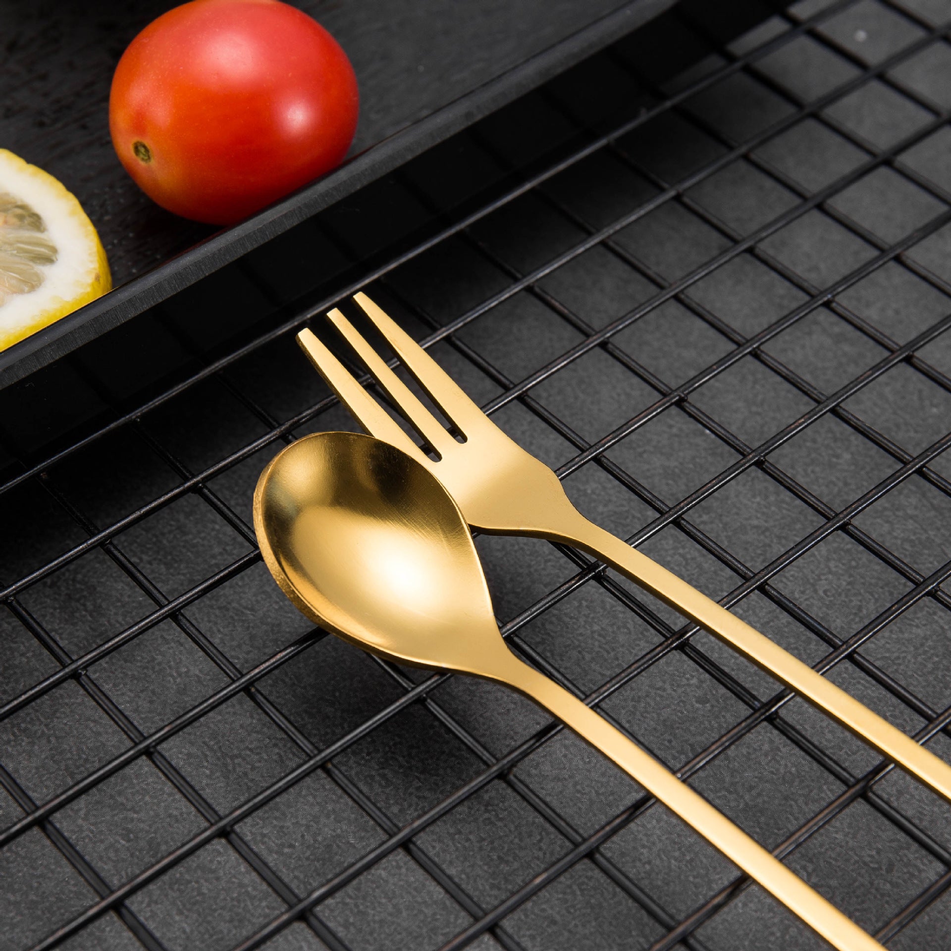 8 Spoons + 8 Forks Cute Leaf Design Stainless Steel Fruit Dessert Spoon Fork Set (BPA Free, No FDA Certificate) - Gold