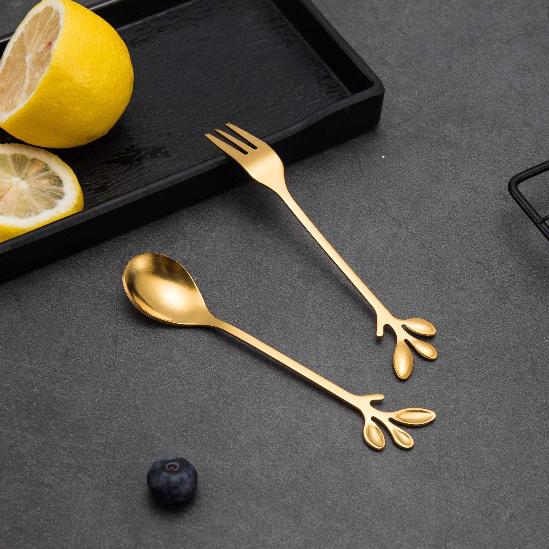8 Spoons + 8 Forks Cute Leaf Design Stainless Steel Fruit Dessert Spoon Fork Set (BPA Free, No FDA Certificate) - Gold