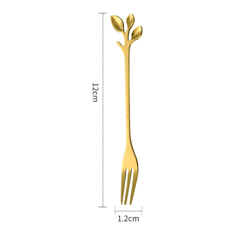 8 Spoons + 8 Forks Cute Leaf Design Stainless Steel Fruit Dessert Spoon Fork Set (BPA Free, No FDA Certificate) - Gold