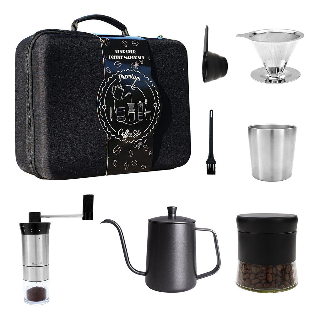 C0039 8Pcs Drip-over Coffee Machine Outdoor Camping Coffee Kettle Manual Grinder Set (BPA Free, No FDA)