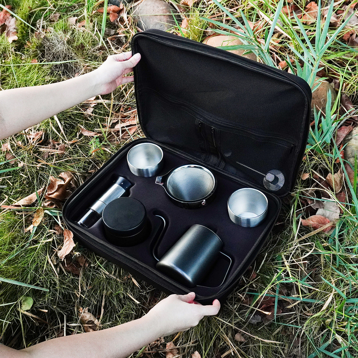 C0039 8Pcs Drip-over Coffee Machine Outdoor Camping Coffee Kettle Manual Grinder Set (BPA Free, No FDA)