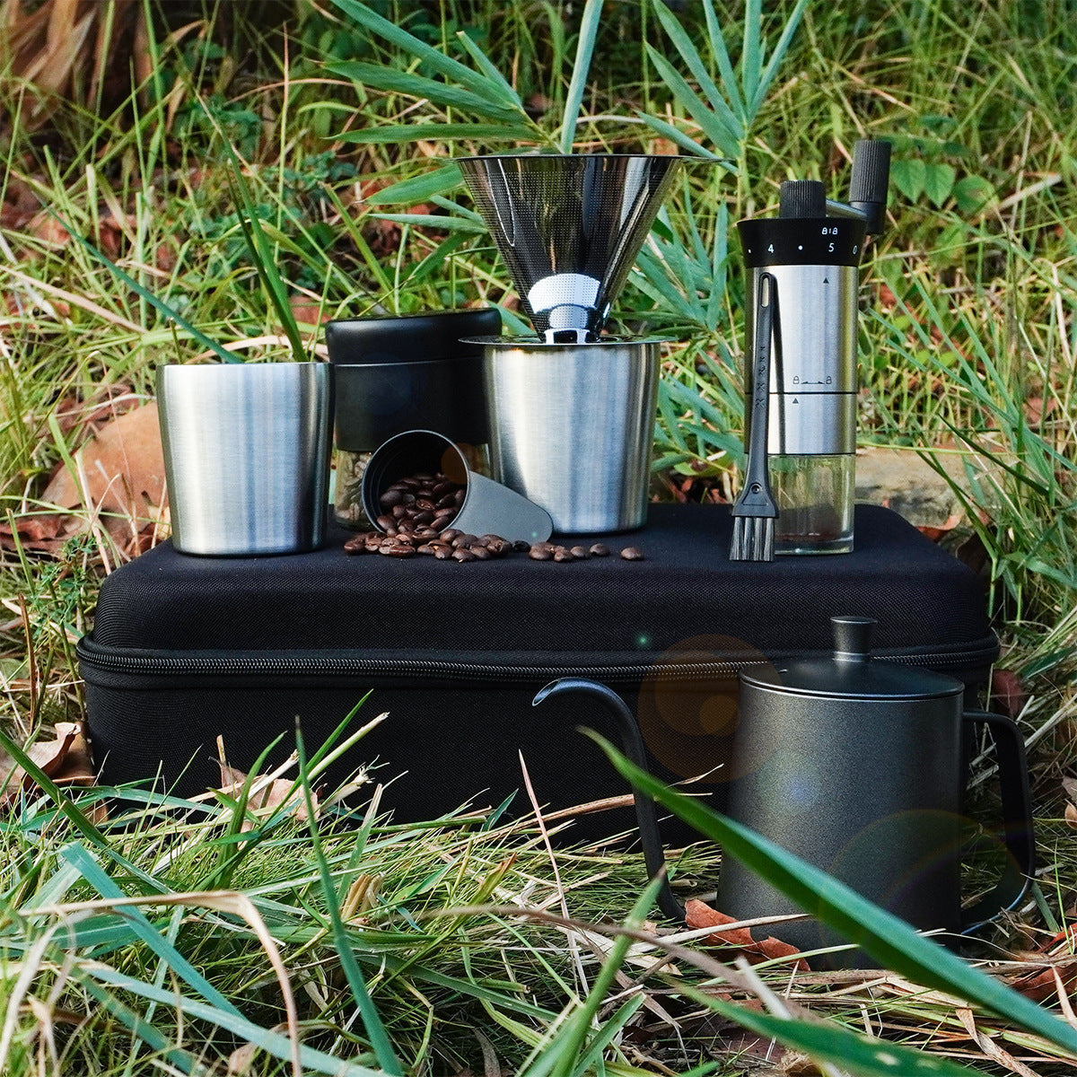 C0039 8Pcs Drip-over Coffee Machine Outdoor Camping Coffee Kettle Manual Grinder Set (BPA Free, No FDA)
