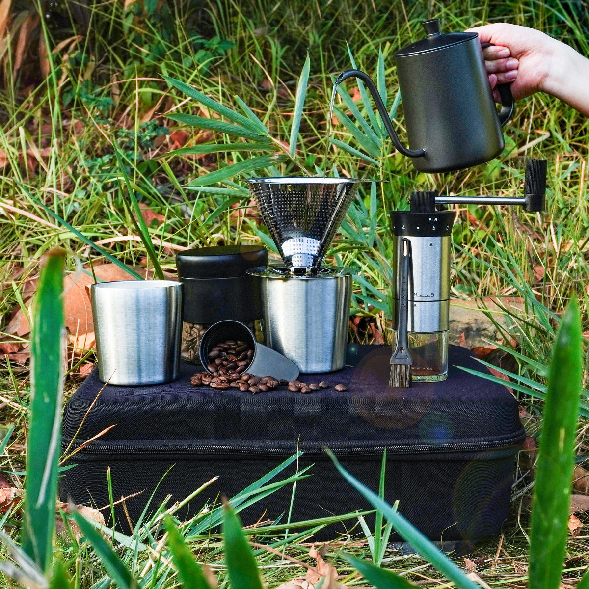 C0039 8Pcs Drip-over Coffee Machine Outdoor Camping Coffee Kettle Manual Grinder Set (BPA Free, No FDA)