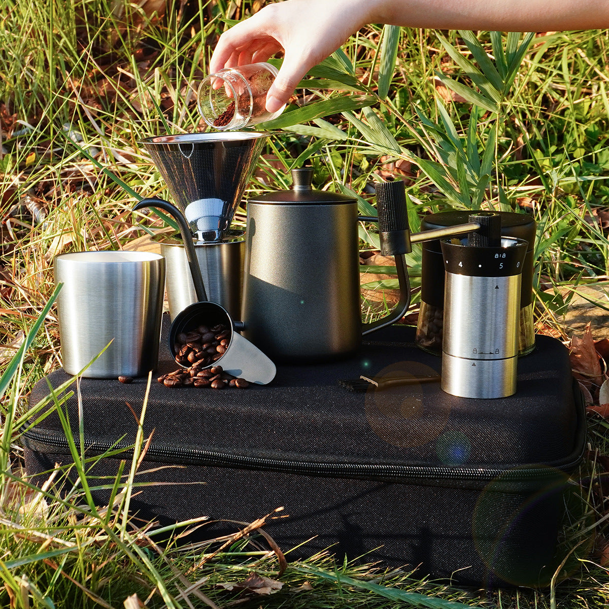 C0039 8Pcs Drip-over Coffee Machine Outdoor Camping Coffee Kettle Manual Grinder Set (BPA Free, No FDA)