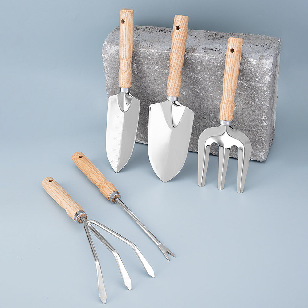 5Pcs Stainless Steel Gardening Tool Wooden Handle Fork Shovel Rake Set