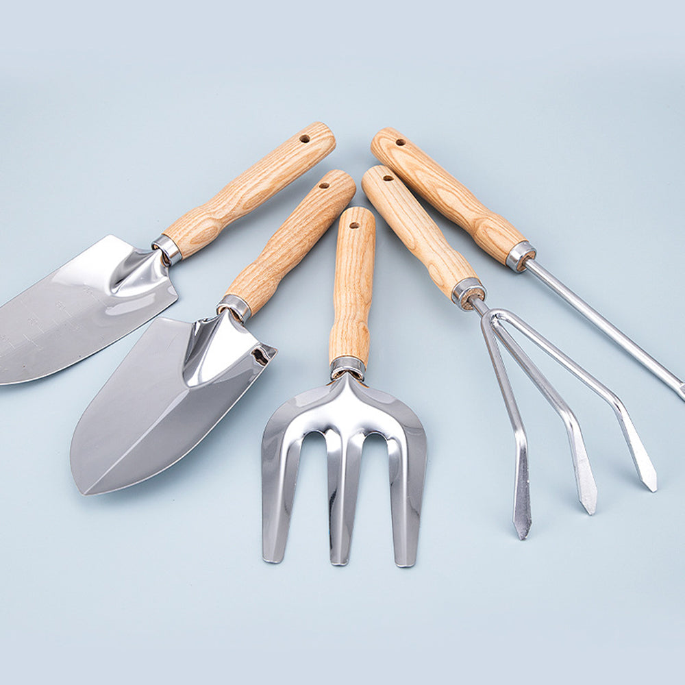5Pcs Stainless Steel Gardening Tool Wooden Handle Fork Shovel Rake Set