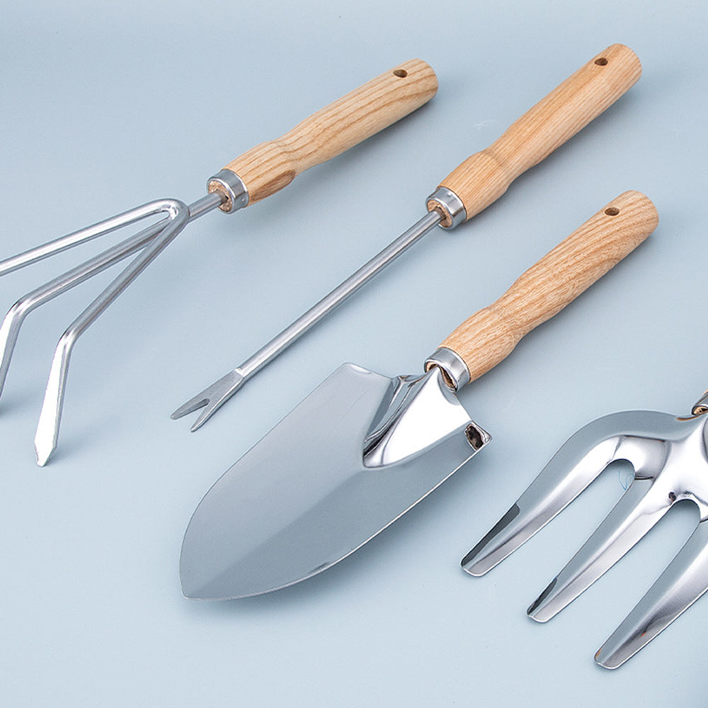 5Pcs Stainless Steel Gardening Tool Wooden Handle Fork Shovel Rake Set