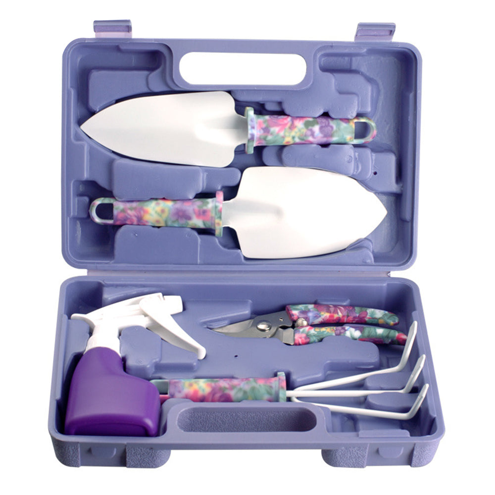 JC-1010 5Pcs / Set Stylish Pattern Garden Tools Soil Loosening Watering Can Tool Kit - Purple