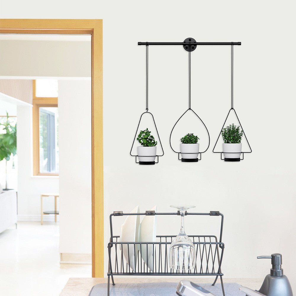 001- ZJ-YX08 3-in-1 Flower Pot Holder Wall-mounted Geometric Iron Hanging Rack