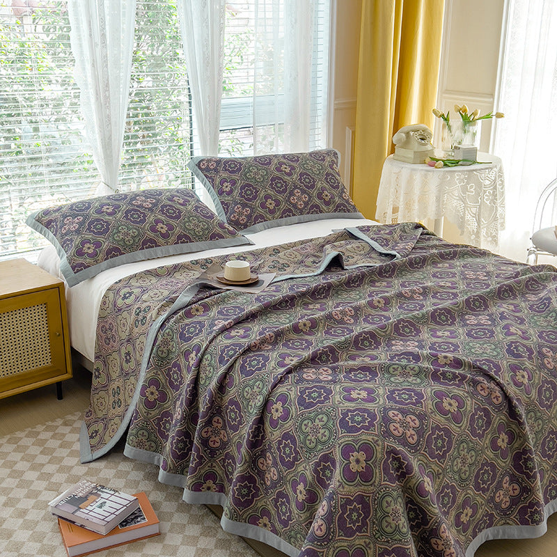 K-80 200x230±2cm Pure Cotton Retro Printed Throw Blanket Towel Quilt with 2 Pillowcases
