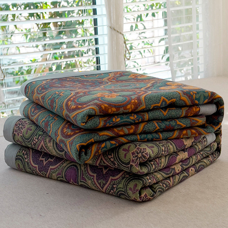 K-80 200x230±2cm Pure Cotton Retro Printed Throw Blanket Towel Quilt with 2 Pillowcases