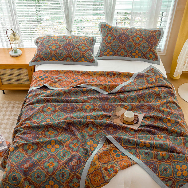 K-80 200x230±2cm Pure Cotton Retro Printed Throw Blanket Towel Quilt with 2 Pillowcases