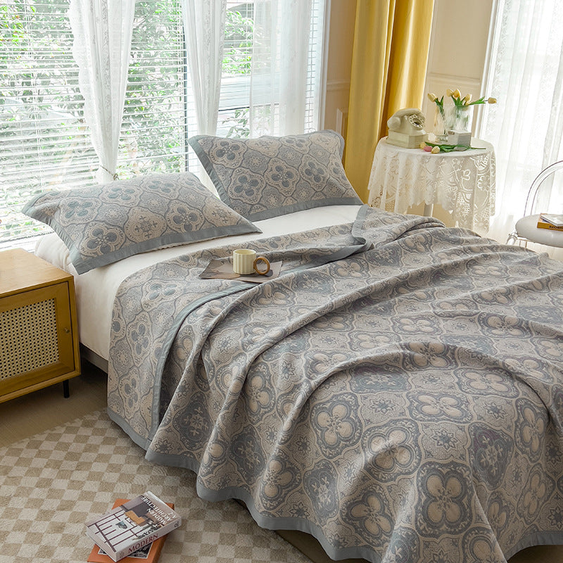 K-80 150x200±2cm Retro Printed Throw Blanket Cotton Towel Quilt with 2 Pillowcases