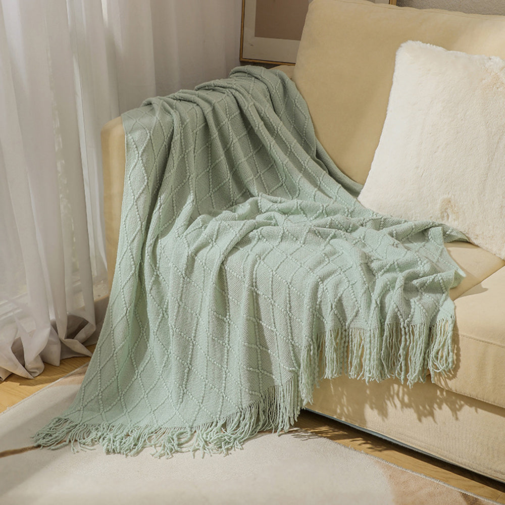 JB014 127x180cm Rhombus Texture Knitted Blanket Sofa Throw Blanket with Tassel