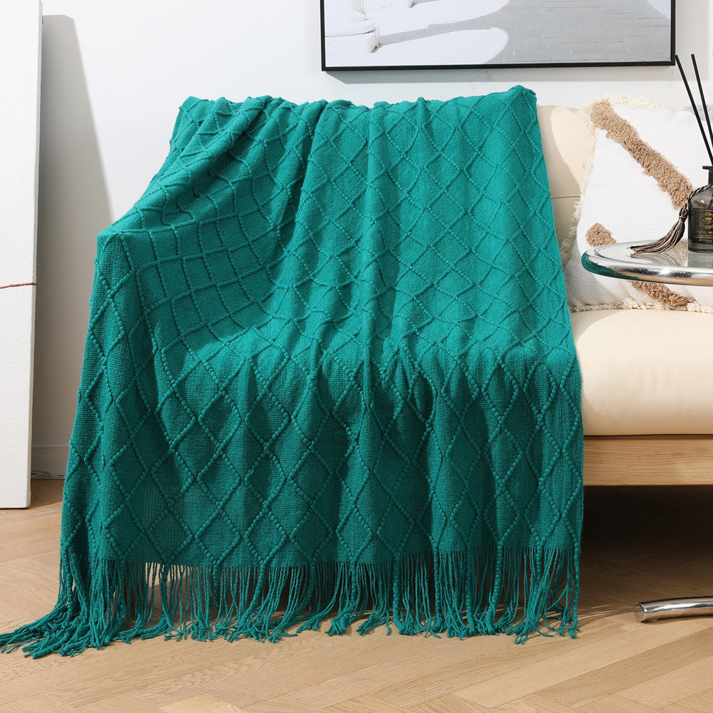 JB014 127x180cm Rhombus Texture Knitted Blanket Sofa Throw Blanket with Tassel