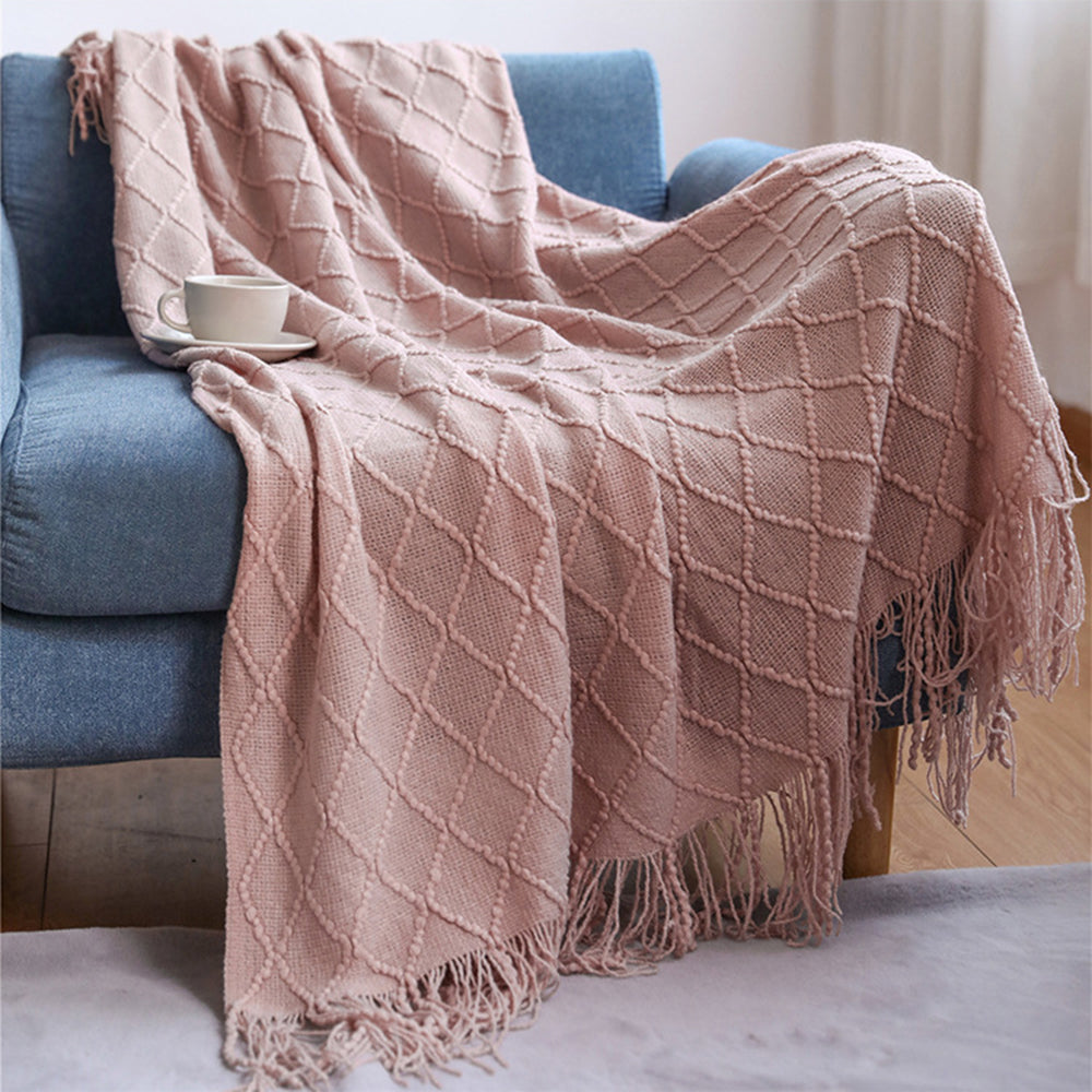 JB014 127x180cm Rhombus Texture Knitted Blanket Sofa Throw Blanket with Tassel