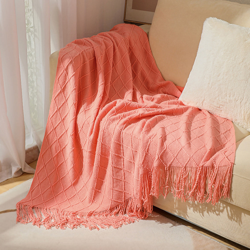 JB014 127x180cm Rhombus Texture Knitted Blanket Sofa Throw Blanket with Tassel