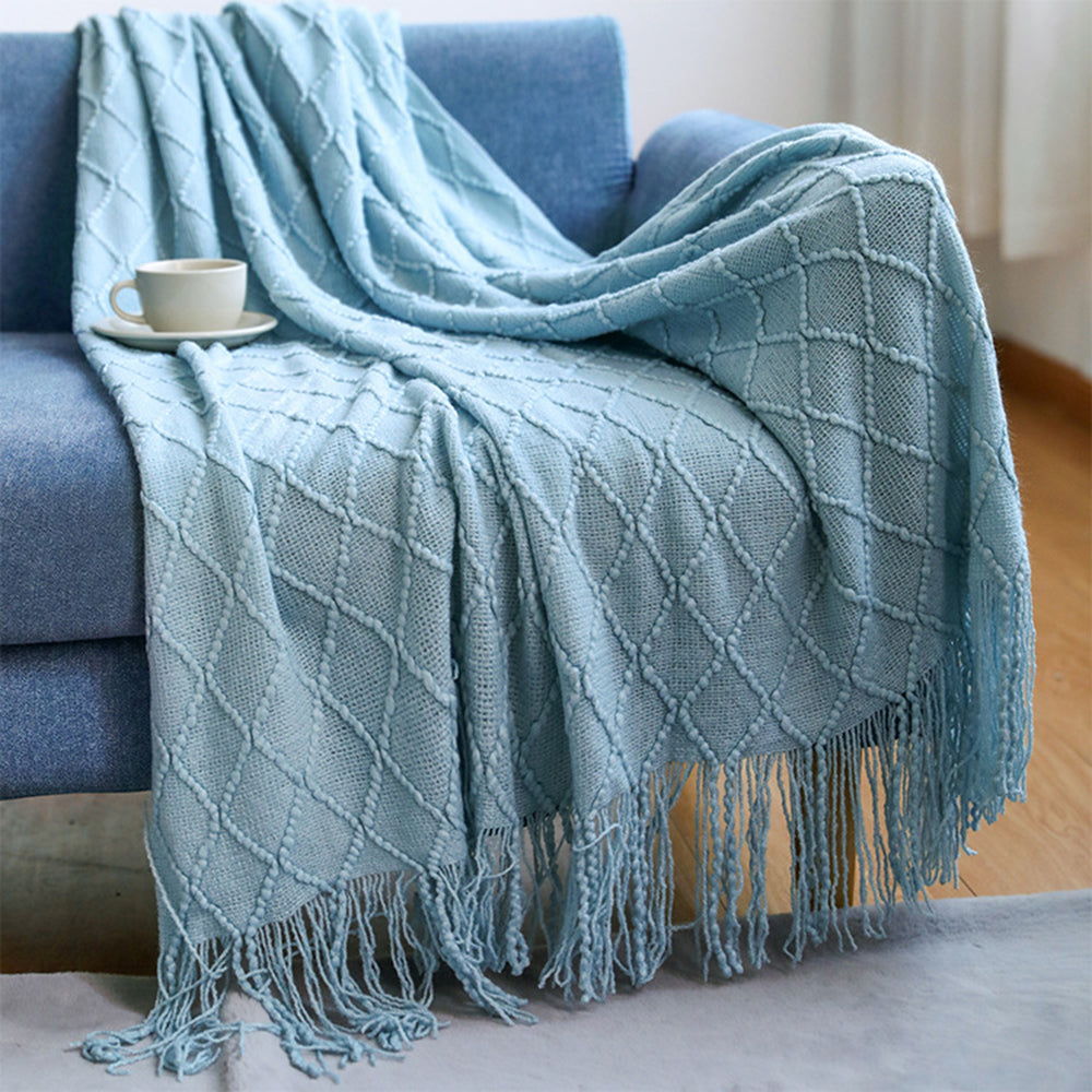JB014 127x180cm Rhombus Texture Knitted Blanket Sofa Throw Blanket with Tassel