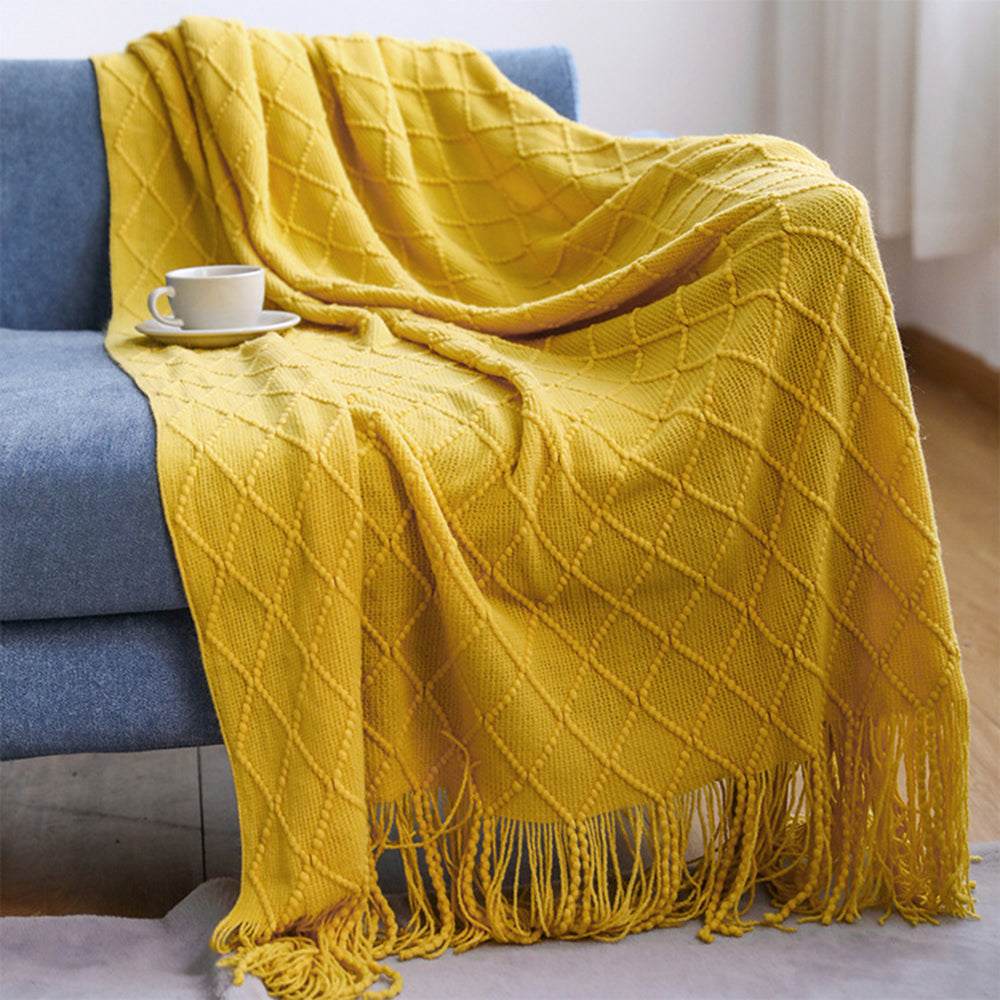 JB014 127x180cm Rhombus Texture Knitted Blanket Sofa Throw Blanket with Tassel