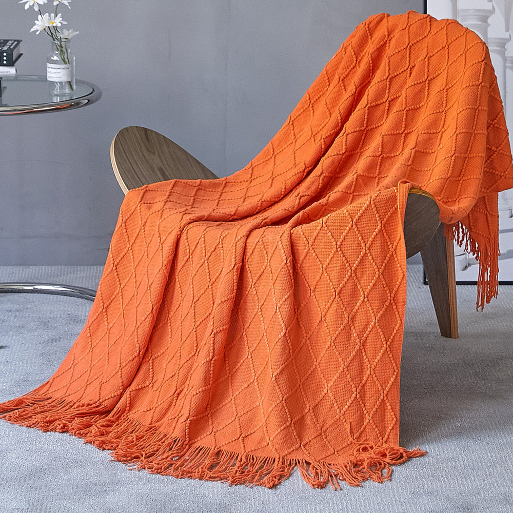 JB014 127x180cm Rhombus Texture Knitted Blanket Sofa Throw Blanket with Tassel