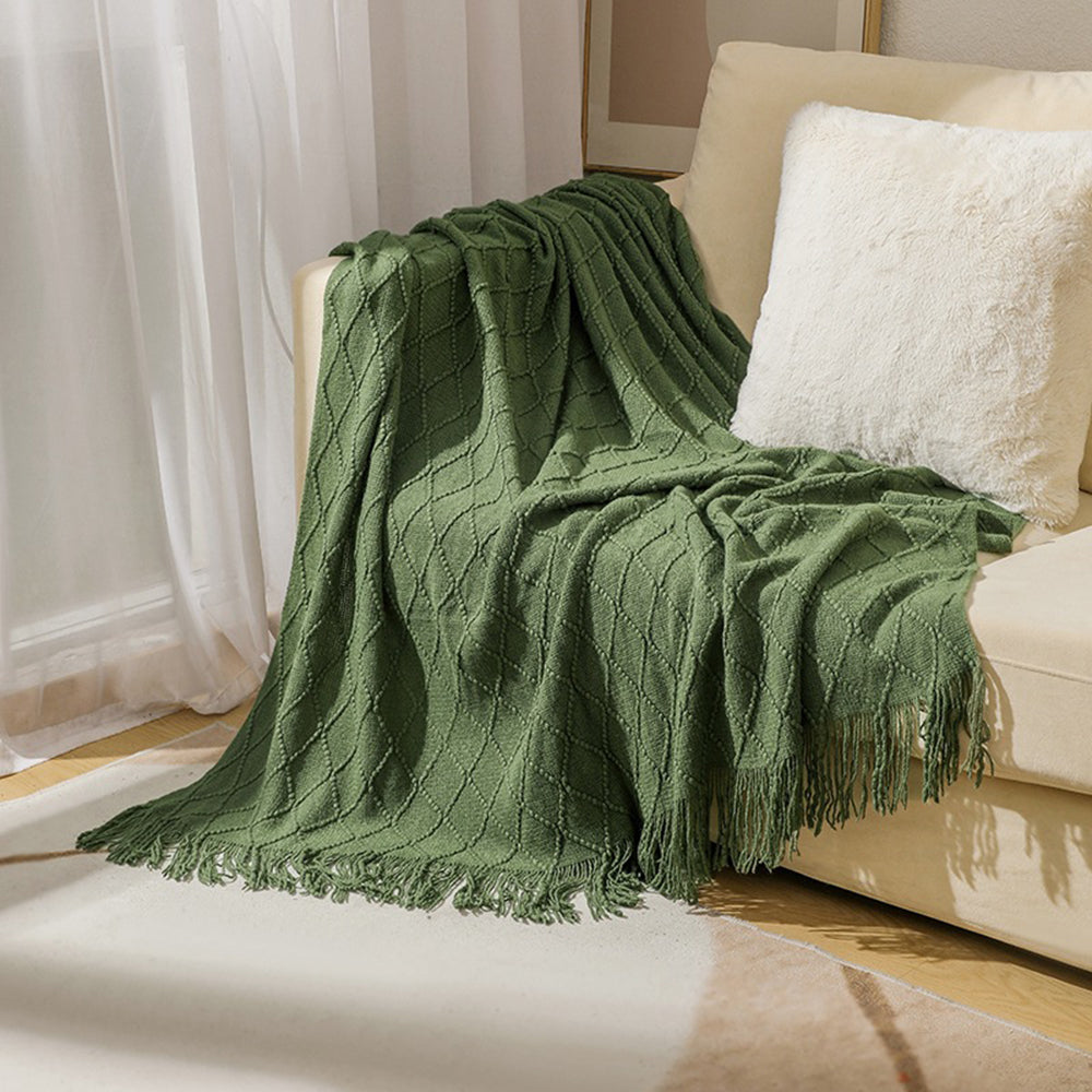 JB014 127x180cm Rhombus Texture Knitted Blanket Sofa Throw Blanket with Tassel