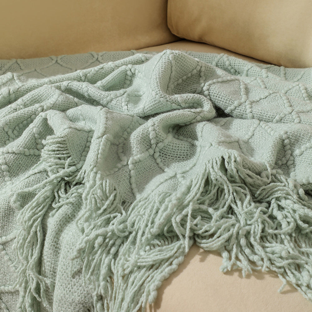 JB014 127x180cm Rhombus Texture Knitted Blanket Sofa Throw Blanket with Tassel