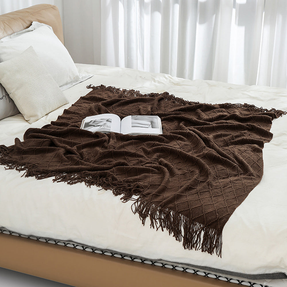 JB014 127x180cm Rhombus Texture Knitted Blanket Sofa Throw Blanket with Tassel