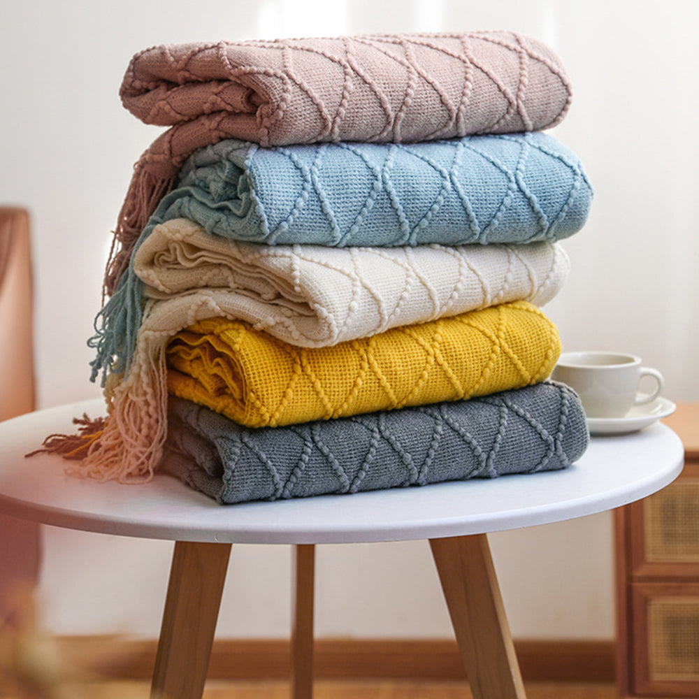 JB014 127x180cm Rhombus Texture Knitted Blanket Sofa Throw Blanket with Tassel