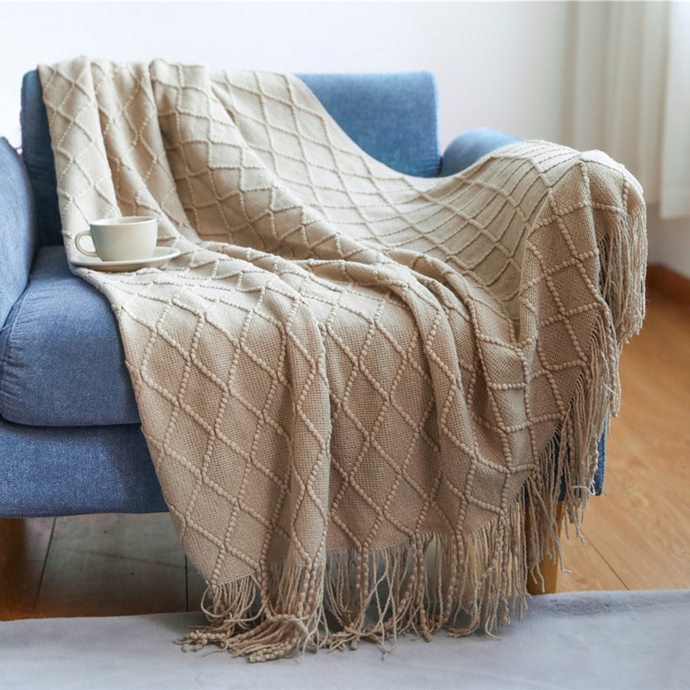 JB014 127x180cm Rhombus Texture Knitted Blanket Sofa Throw Blanket with Tassel