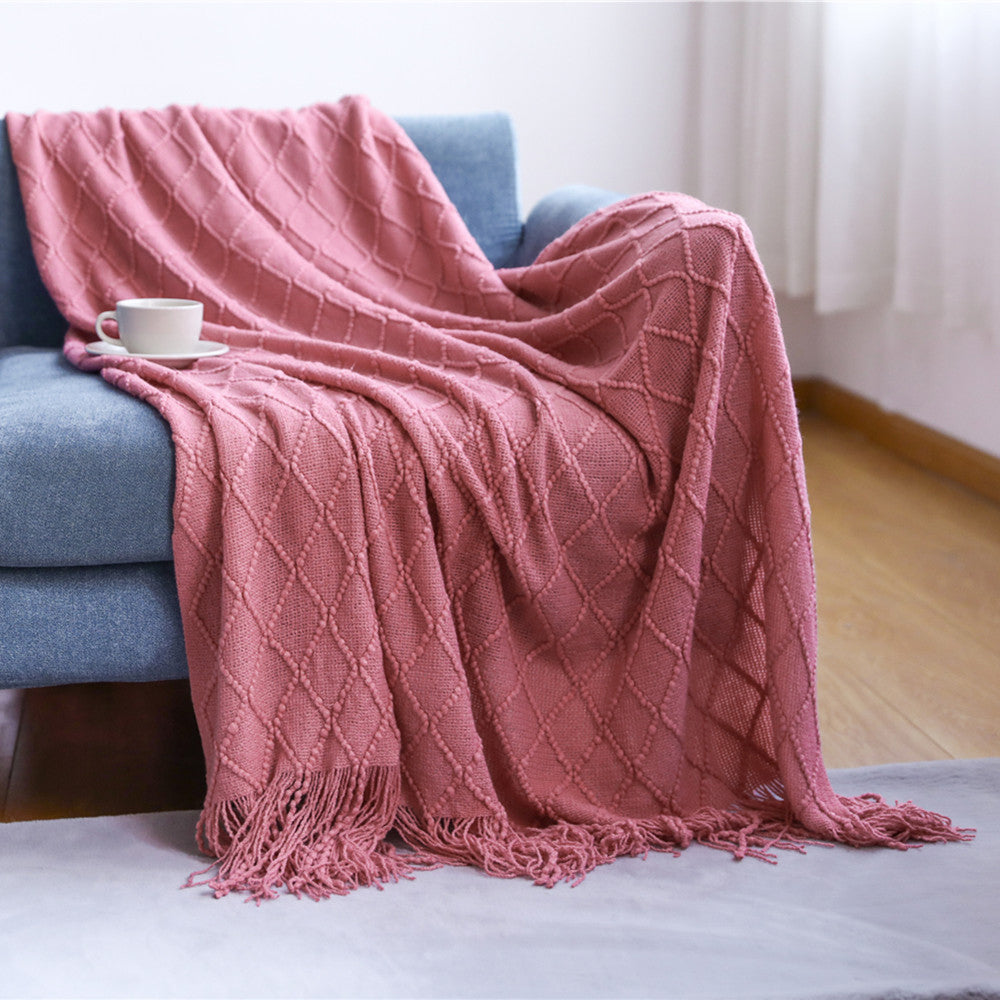 JB014 127x180cm Rhombus Texture Knitted Blanket Sofa Throw Blanket with Tassel