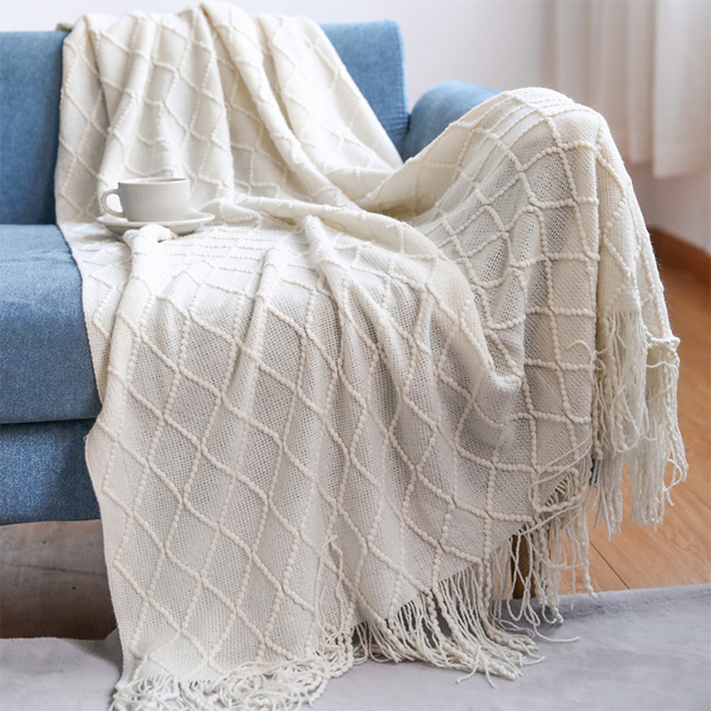 JB014 127x180cm Rhombus Texture Knitted Blanket Sofa Throw Blanket with Tassel
