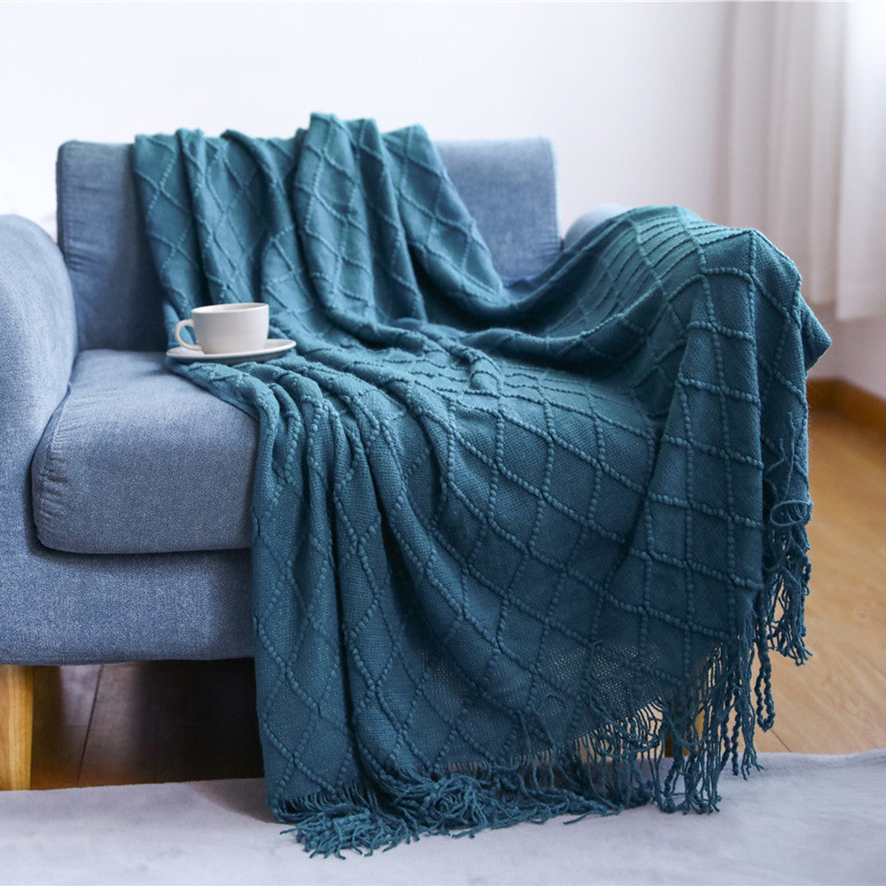 JB014 127x180cm Rhombus Texture Knitted Blanket Sofa Throw Blanket with Tassel
