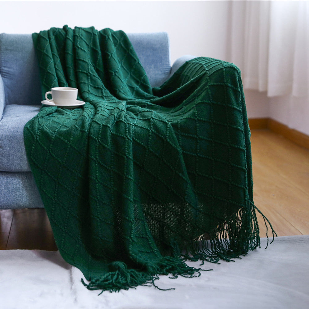 JB014 127x180cm Rhombus Texture Knitted Blanket Sofa Throw Blanket with Tassel