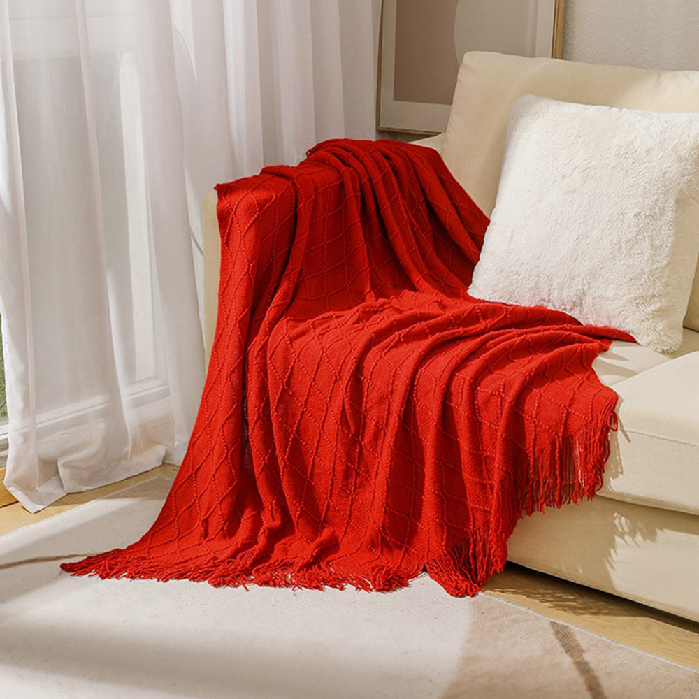 JB014 127x180cm Rhombus Texture Knitted Blanket Sofa Throw Blanket with Tassel