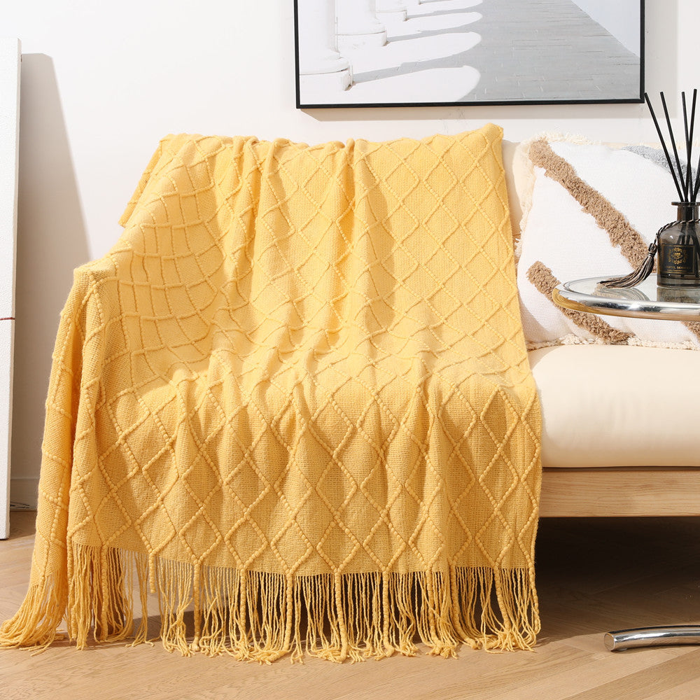 JB014 127x180cm Rhombus Texture Knitted Blanket Sofa Throw Blanket with Tassel