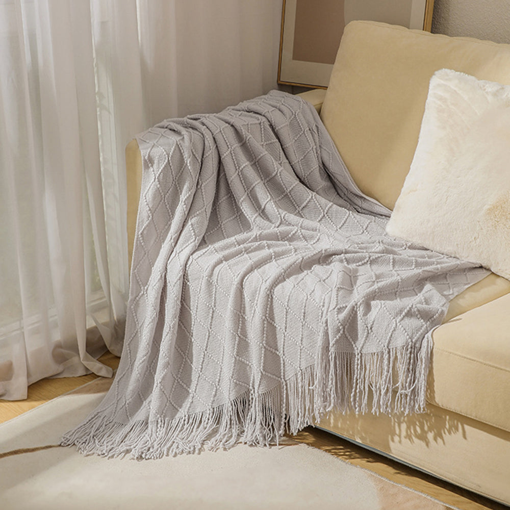 JB014 127x180cm Rhombus Texture Knitted Blanket Sofa Throw Blanket with Tassel