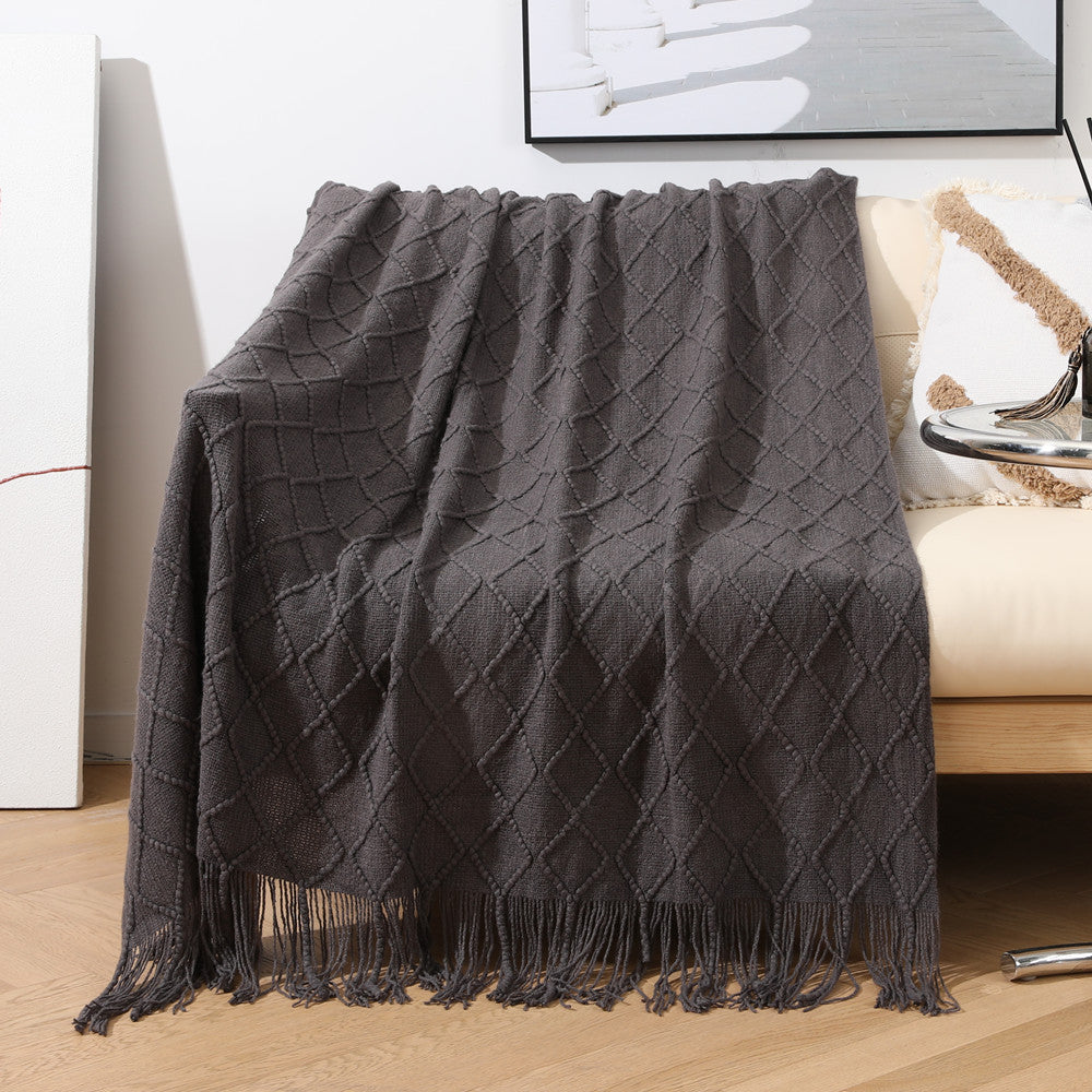 JB014 127x180cm Rhombus Texture Knitted Blanket Sofa Throw Blanket with Tassel