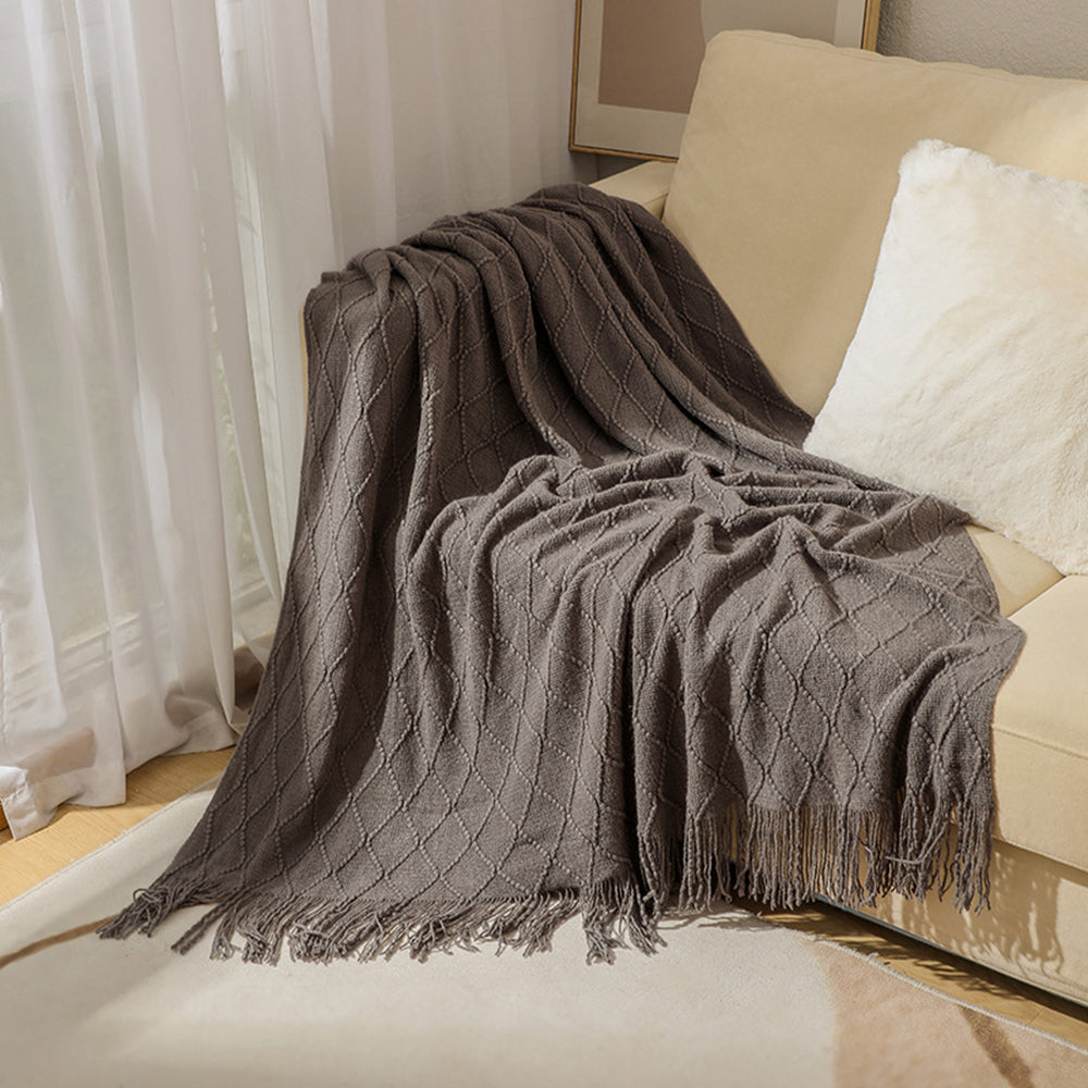 JB014 127x180cm Rhombus Texture Knitted Blanket Sofa Throw Blanket with Tassel