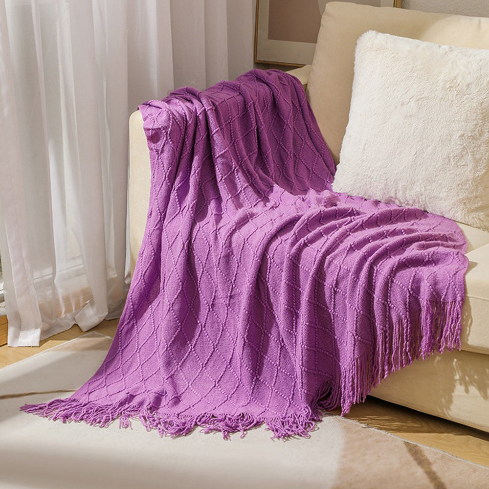 JB014 127x180cm Rhombus Texture Knitted Blanket Sofa Throw Blanket with Tassel