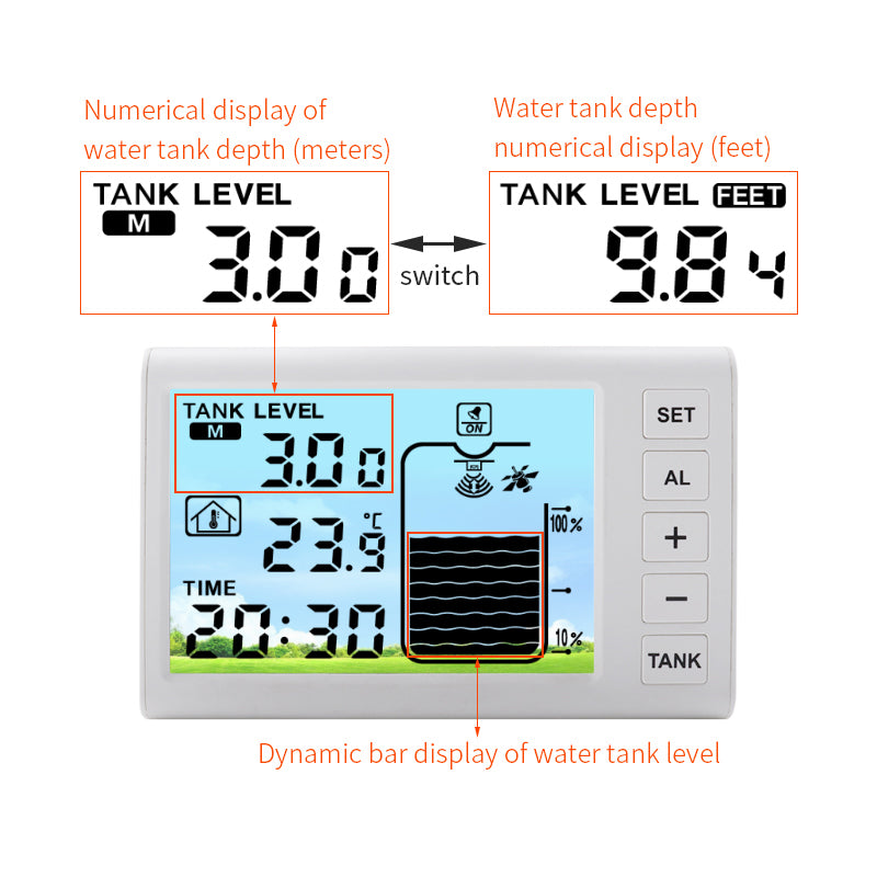 TS-FT001 Ultrasonic Liquid Level Meter Water Tank Level Temperature Meter Indoor Temperature Detector