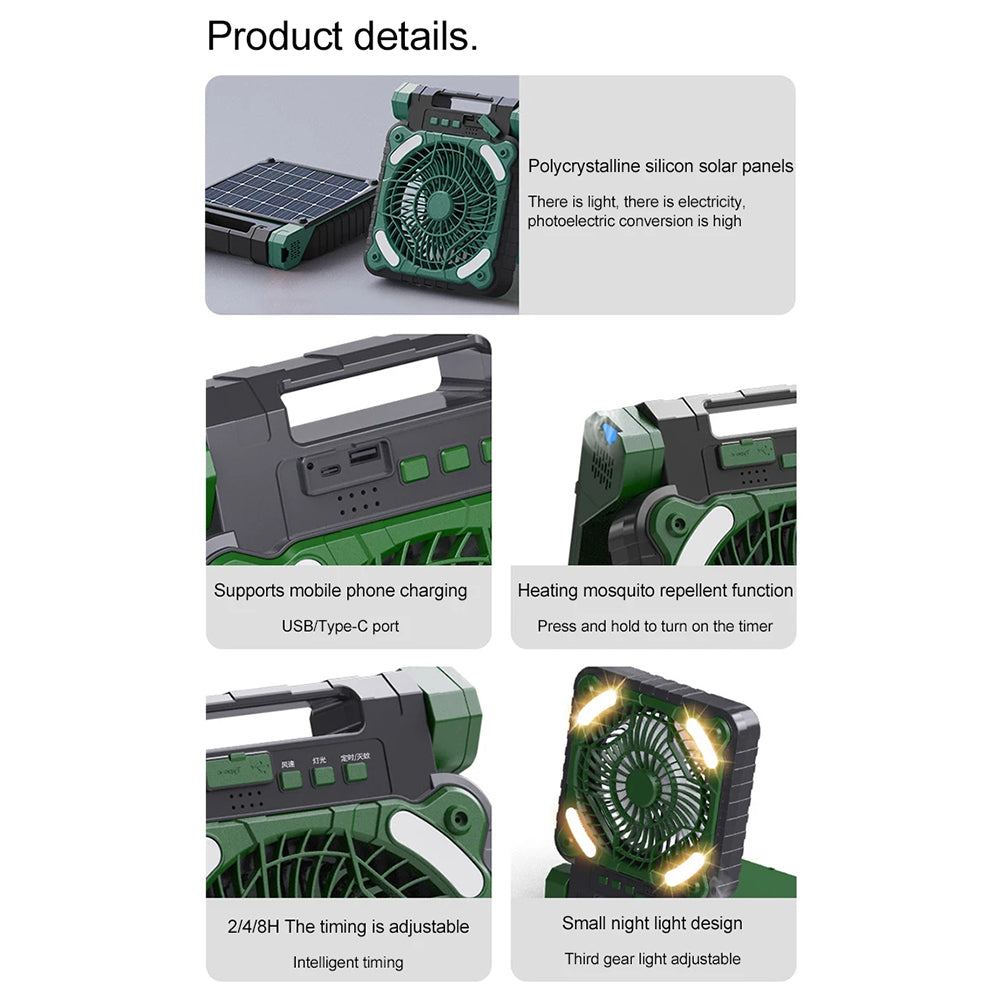 x99 Solar USB Fan 5200mAh Power Bank Phone Charger with Light for Home Outdoor Camping