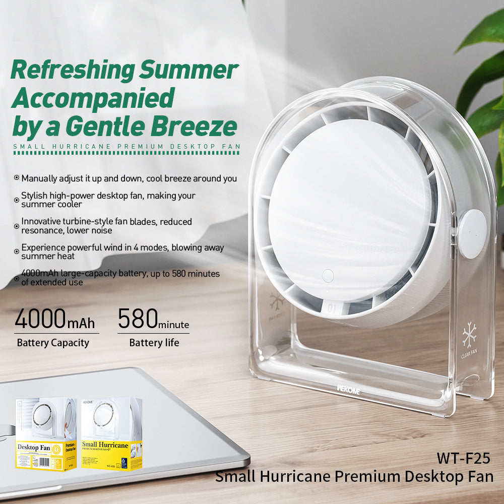 WEKOME F25 Small Hurricane Premium Desktop Fan 4000mAh 4 Wind Speed Tabletop Fan