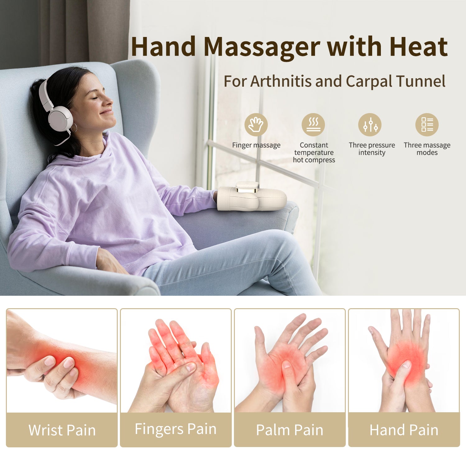 H10 1Pc Electric Hand Massager for Finger, Wrist Joint Airbag Kneading Heat Therapy Device