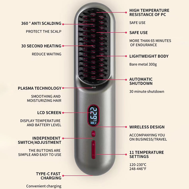 QL001 Cordless Hair Straightener Brush Ion Hot Straightener Styling Comb with USB Rechargeable