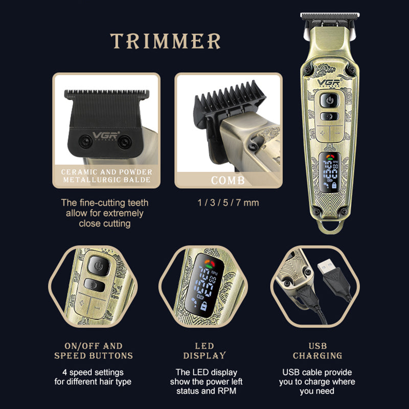VGR V-643 Hair Clippers Shaver Metal Carving Cordless Hair Cutting Beard Razor Men Electric Hair Trimmer